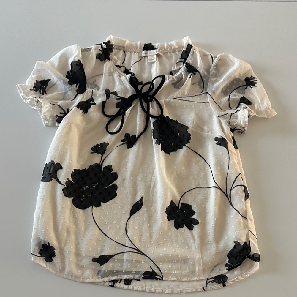 Floral Professional Black and White Top with Detail and Tie